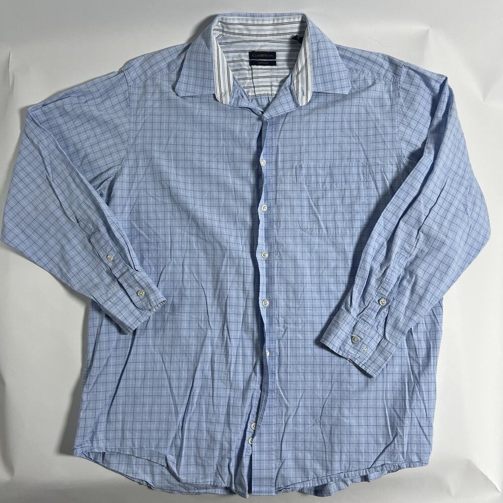 Club Room Dress Shirt Blue Check Easy Care 17 34/35 Long Sleeve